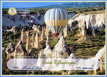 Zertifikat nach erfogreich bestandener Heissluftballonfahrt ber der bizarren Tuffsteinlandschaft Kappadokiens